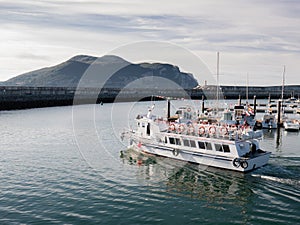 Pleasure boat sailing through the modern marina of Laredo at sunset with the PeÃÂ±a de SantoÃÂ±a in the background