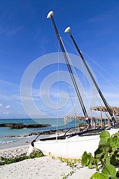 Pleasure catamarans on the beach in Santa Maria.Cuba.