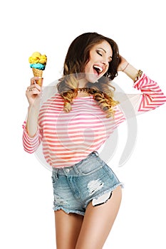 Pleasure. Cute Young Woman with Ice Cream Enjoying Life