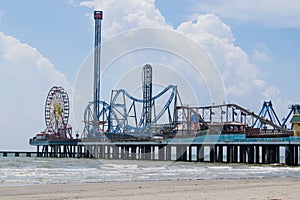 Pleasure Pier on Galveston Island, Texas extends out into the Gulf of Mexico