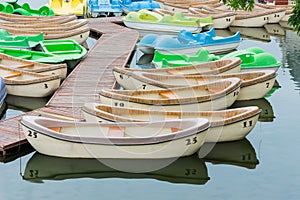 Pleasure rowing boats and pedalos tied up on a lake