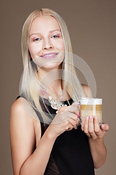 Pleasure. Woman Blonde holding Cup of Morning Cofee