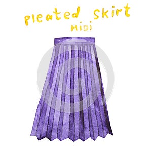 Pleated midi skirt. Hand drawn watercolor illustration.