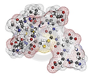 Plecanatide chronic idiopathic constipation drug molecule. 3D rendering. Atoms are represented as spheres with conventional color