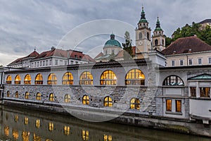 Plecnik arcade market building reflecting in Ljubljanica river in Ljubljana, Sloven