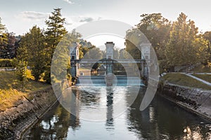 Plecnik gates on Ljubljanica river in a semi closed state lookin
