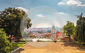 Plecnik viewpoint at Prague Castle - city landscape with Church of Saint Nicholas, Czech republic