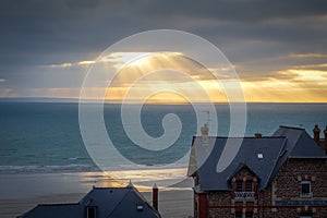 Pleneuf Val Andre city and beach view at sunset, Brittany, France