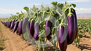 Plentiful eggplant harvest thriving on a sun drenched open plantation during a blissful summer day.