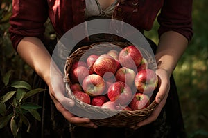 Plentiful red apples basket. Generate Ai photo