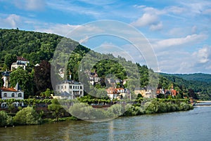 Plenty of residential houses at the hillside at the embankment of Neckar river at the center of Heidelberg