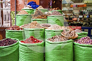 Plenty of spices in front of shop in Marrakech, Morocco