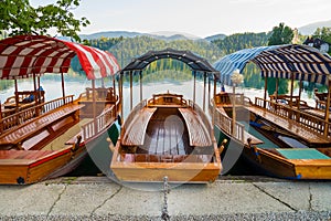 Pletna boats dock on Lake Bled in Slovenia