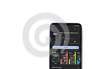 Plex app play store page on smartphone on white background