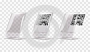 Plexi stand vector mock-up. Transparent L-shaped QR code holder mockup. Clear acrylic countertop information display template