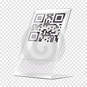 Plexi stand vector mock-up. Transparent L-shaped QR code holder mockup. Clear acrylic desk counter information display template