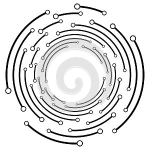 Plexus, wire-frame radial circles with nodes. Geometric spiral for technology, block chain, circuit like themes. Cycle rings