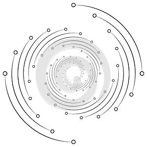 Plexus, wire-frame radial circles with nodes. Geometric spiral for technology, block chain, circuit like themes. Cycle rings