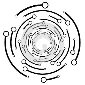 Plexus, wire-frame radial circles with nodes. Geometric spiral for technology, block chain, circuit like themes. Cycle rings