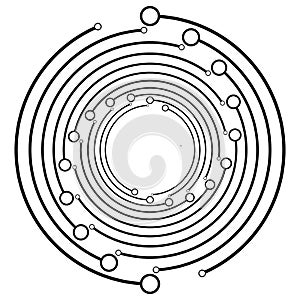 Plexus, wire-frame radial circles with nodes. Geometric spiral for technology, block chain, circuit like themes. Cycle rings