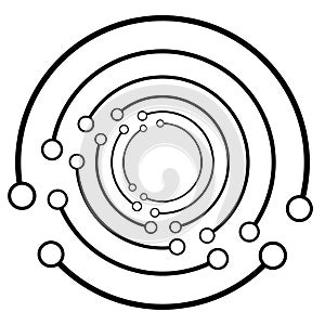 Plexus, wire-frame radial circles with nodes. Geometric spiral for technology, block chain, circuit like themes. Cycle rings