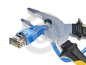 Pliers cutting lan network computer cable. Internet connection d