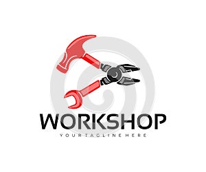 Pliers, hammer, wrench, workshop and auto repair shop, logo design. Repair, repairing, tools and mechanical, vector design