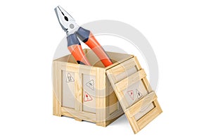 Pliers inside wooden box, delivery concept. 3D rendering