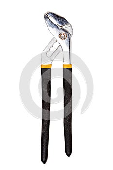 Pliers isolated. Close-up of an closed metal adjustable waterpump pliers with black yellow handles isolated on a white background photo