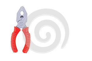 Pliers, toy plastic pliers, red handle pliers, children\'s tool. Isolated white background