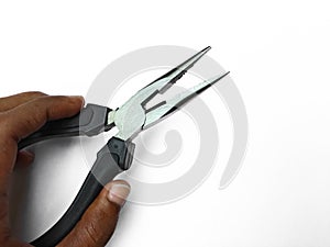 Pliers  on white background. Hand holding a cutter pliers Copy space