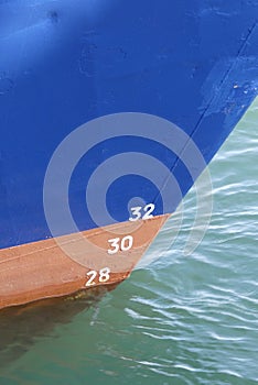 Plimsoll line mark at the ship`s bow