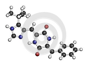 Plinabulin cancer drug molecule. 3D rendering. Atoms are represented as spheres with conventional color coding: hydrogen (white),