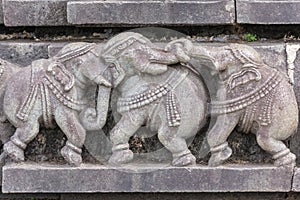 Plinth of three fighting elephants at Chennakeshava Temple in Belur, India