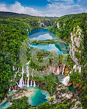 Plitvice, Croatia - Amazing view of the beautiful waterfalls of Plitvice Lakes in Plitvice National Park on a bright summer day