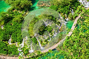 Plitvice Lakes National Park airview waterfalls and ways, Croatia, Europe photo