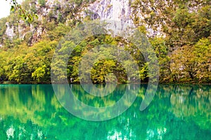 Plitvice lakes national Park, Croatia. Amazing green color of water. Beautiful landscape lake and mountains