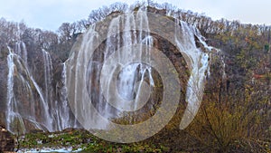 Plitvice Lakes National Park in Croatia. The large waterfall. Panorama photo