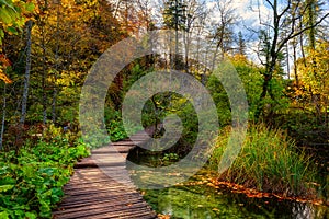 Plitvice lakes Plitvicka jezera national park, Croatia. Amazing autumn sunny landscape