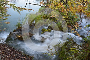 Plitvice lakes on sunny autumn day.