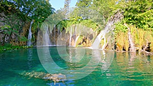 Plitvice lakes and waterfalls, Croatia. View from tourist perspective. Walking near lake and waterfall in pure fresh nature. Natio