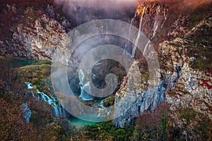 Plitvice Waterfall in autumn.