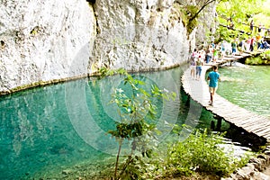 Plitvicka lake, wooden path. Croatia
