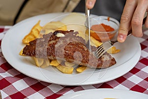 pljeskavica filled with cheese popular pork dish in balkan plate with ajvar and fries photo