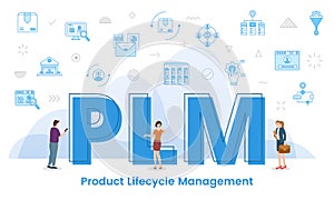 plm concept with big words and people surrounded by related icon with blue color style