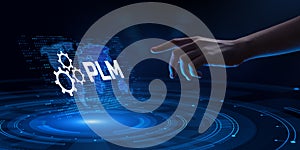 PLM Product cycle management program development concept. Hand pressing button