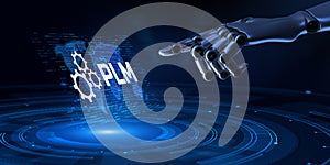 PLM Product cycle management program development concept. Robot hand pressing button 3d render.