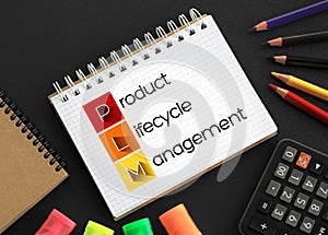 PLM - Product Lifecycle Management acronym on notepad, business concept background