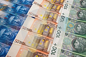 PLN EURO and CHF banknotes