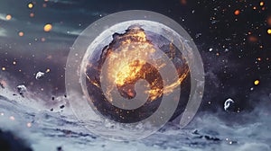 plnet metallic style of a collapsing planet